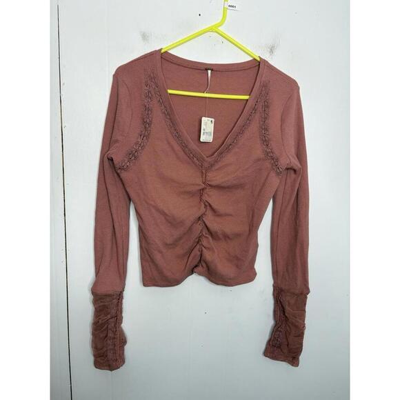 Free People Tops - Free People Shirt Womens Medium Thermal Mesh Long Sleeve Ruched Ballet Rose